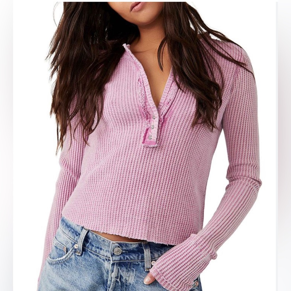 Free People Intimately long Sleeve Oversize Pink Waffle t-shirt